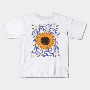 Yellow Sunflower Sunshine with Ornate Vines Kids T-Shirt